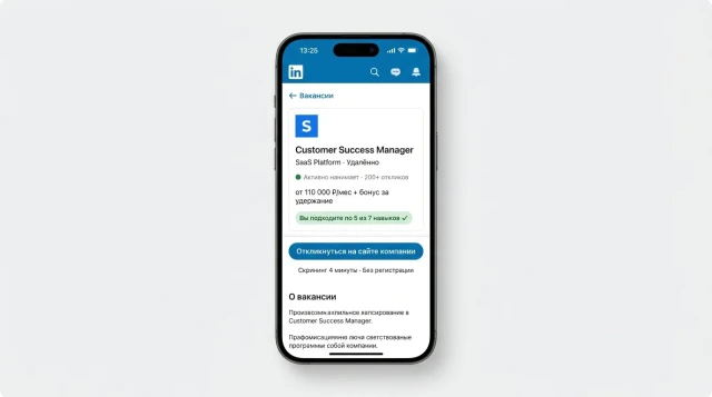 Кандидат откликается на вакансию CS Manager в LinkedIn — бот открывается в браузере